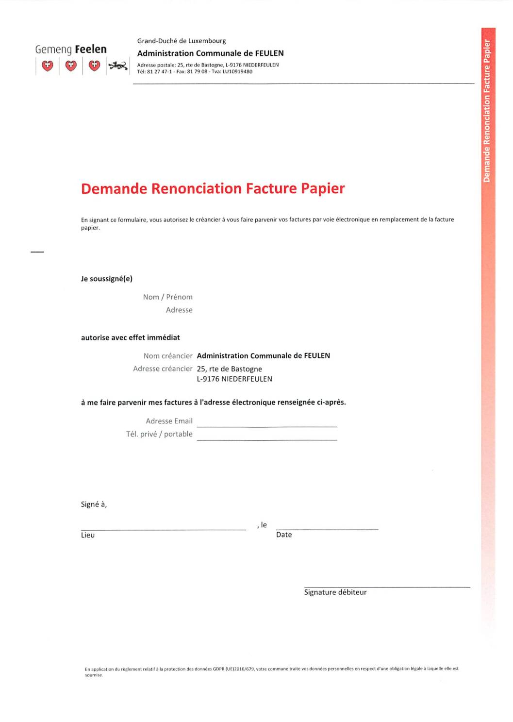Demande Renonciation facture papier