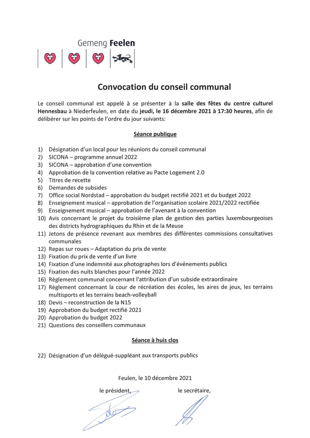 Ordre du jour de la séance du conseil communal du 16 décembre 2021