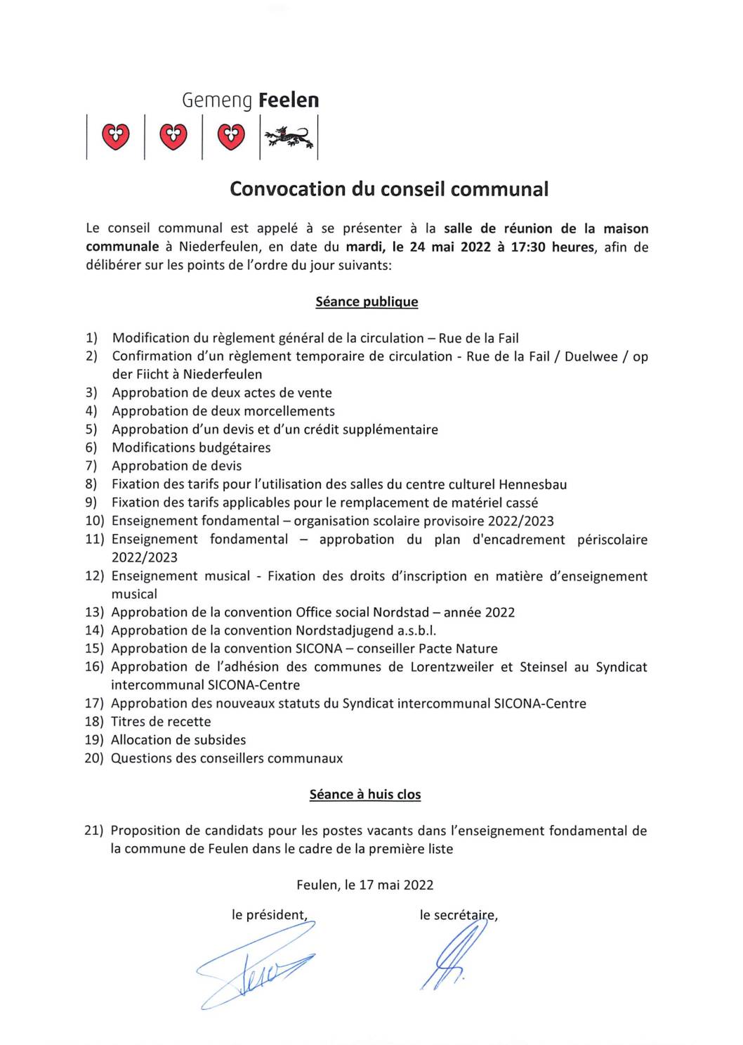 Convocation conseil communal 24 mai 2022