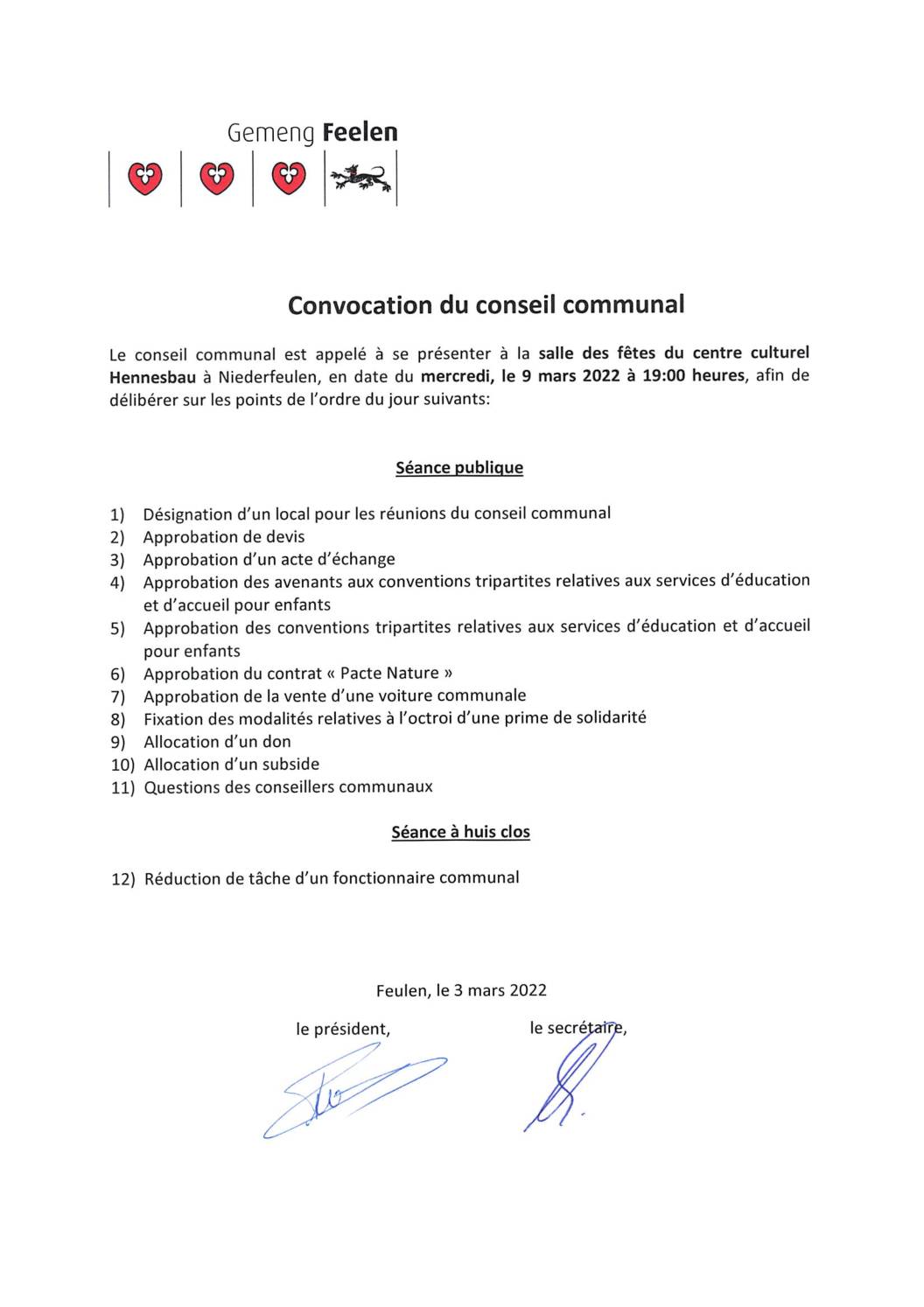 Ordre du jour de la séance du conseil communal du  9 mars 2022