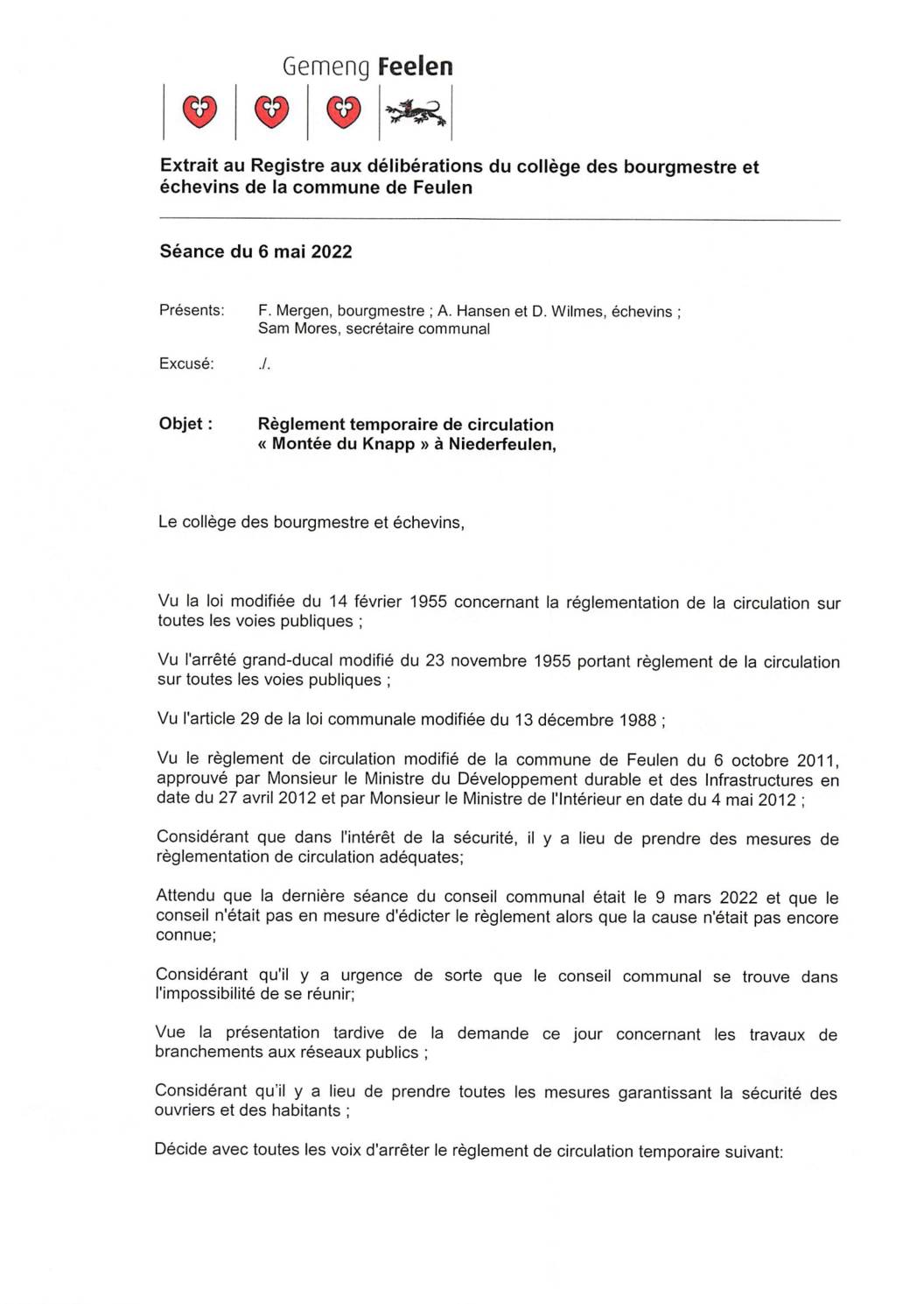 Règlement de circulation Montée du Knapp à NF 06.05.2022