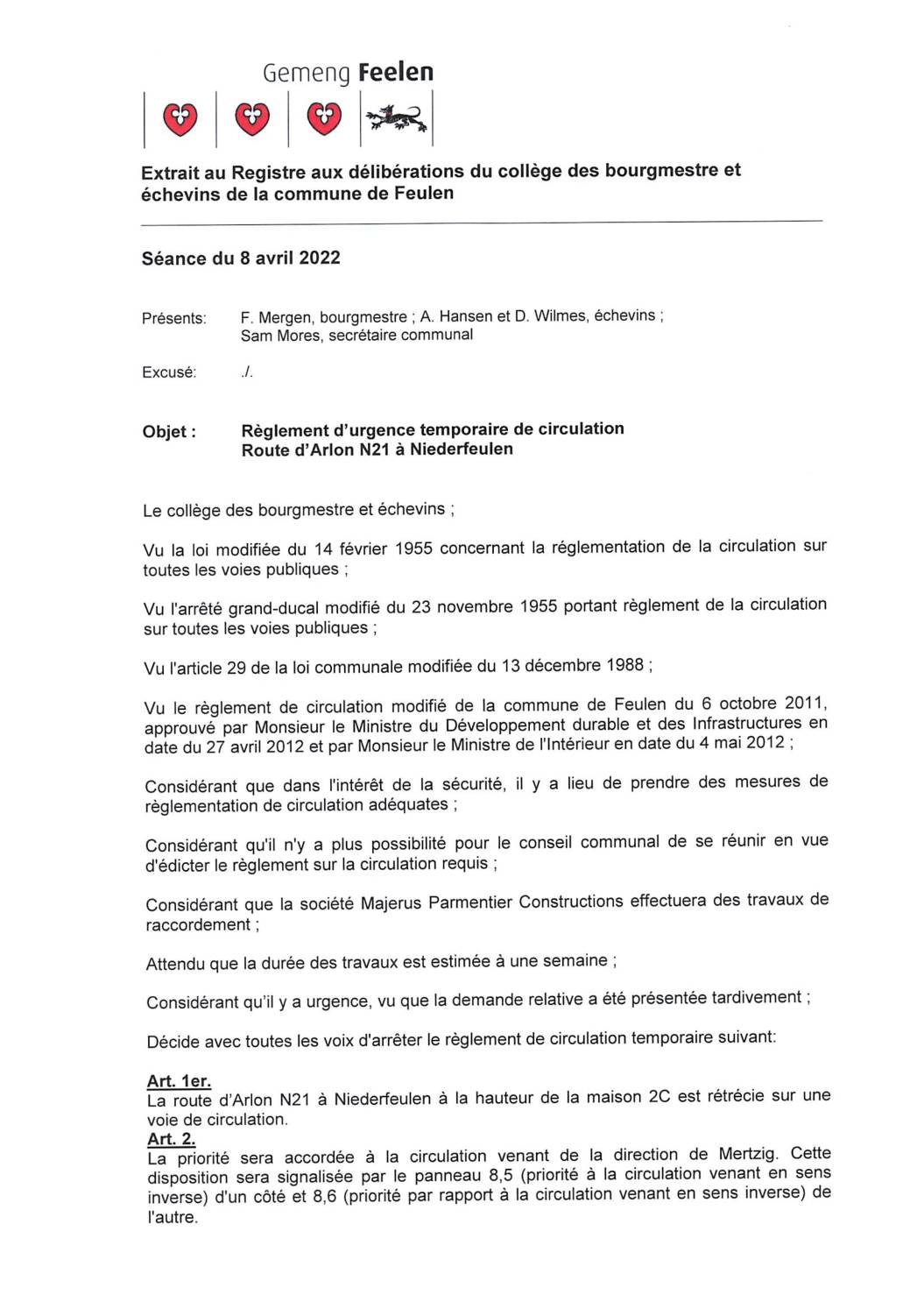 Règlement de circulation route d'Arlon à NF 08.04.2022