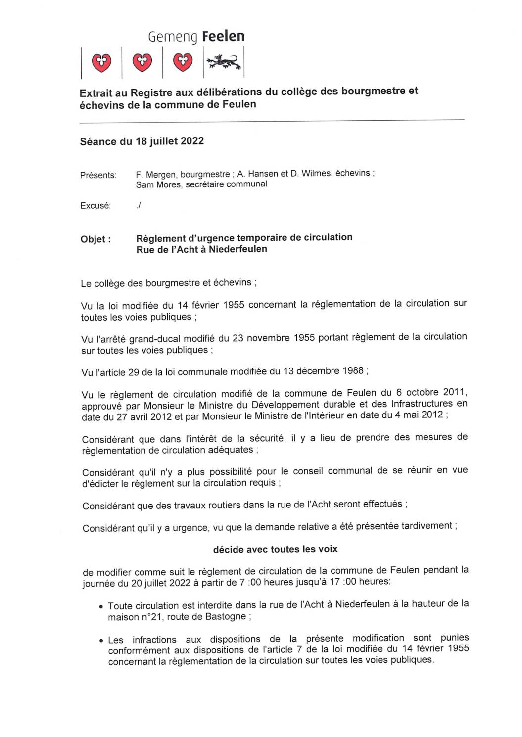 Règlement de circulation rue de l'Acht NF 18.07.2022
