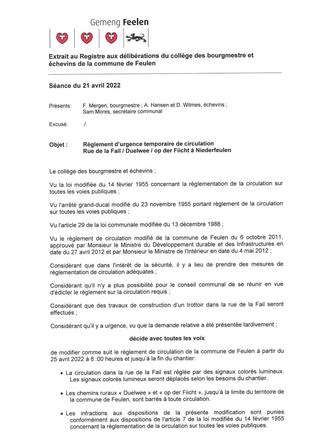 Règlement de circulation Rue de la Fail / Duelwee / op der Fiicht à NF 21.04.2022
