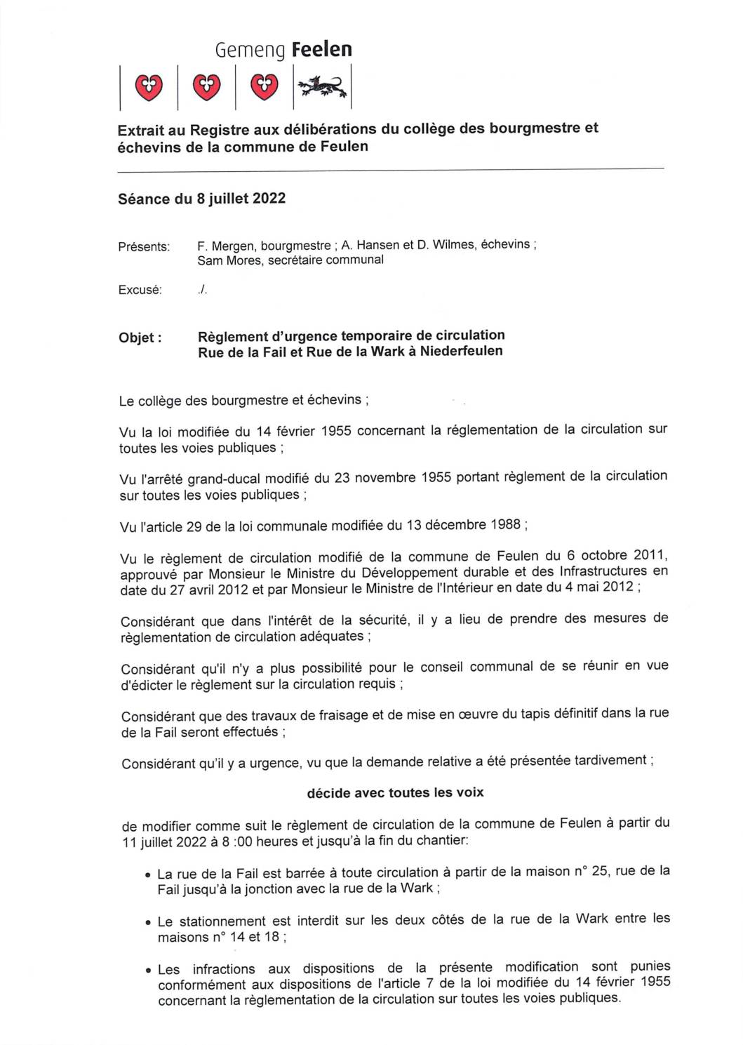 Règlement de circulation rue de la Fail à NF 08.07.2022