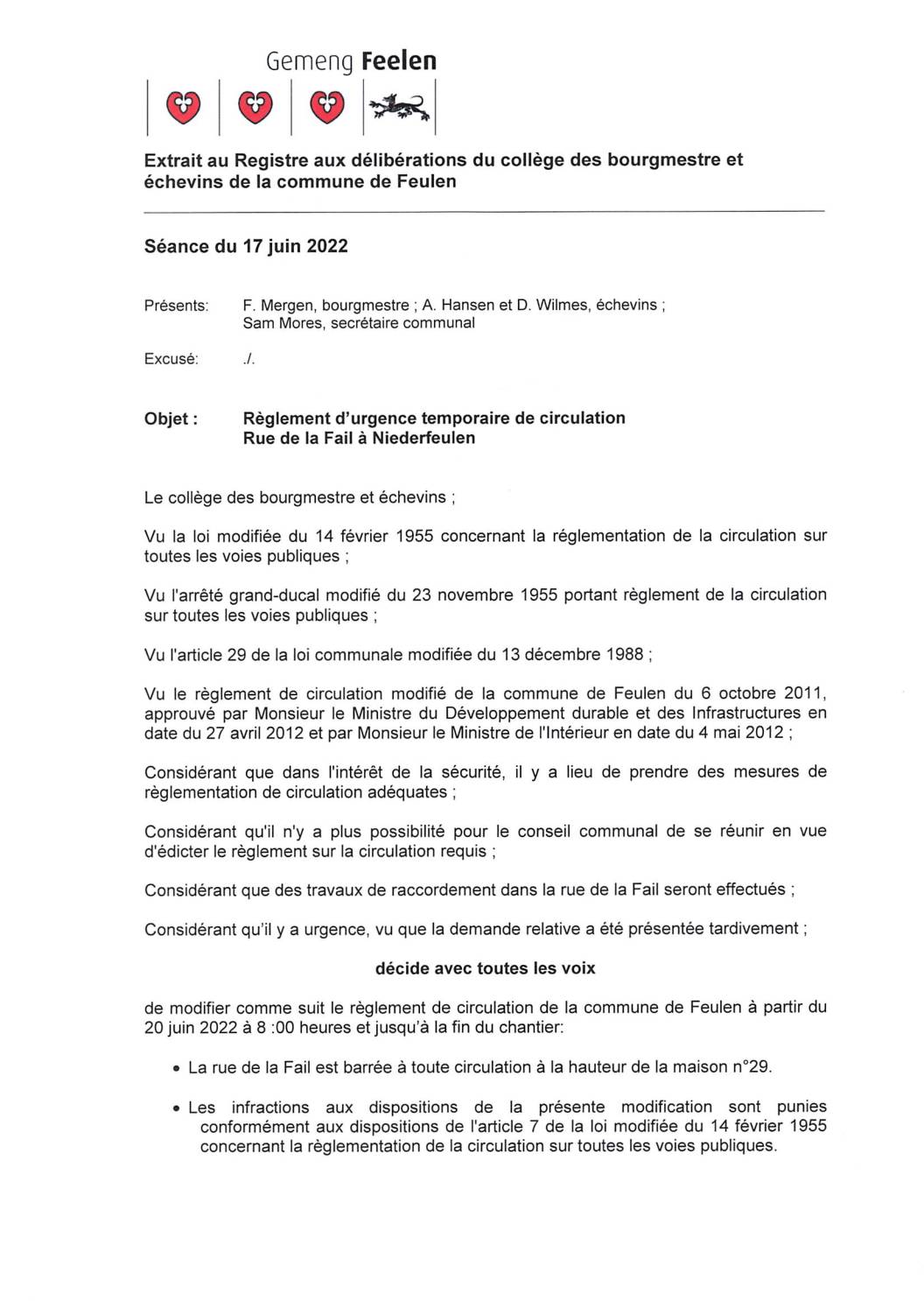 Règlement de circulation rue de la Fail à NF 17.06.2022