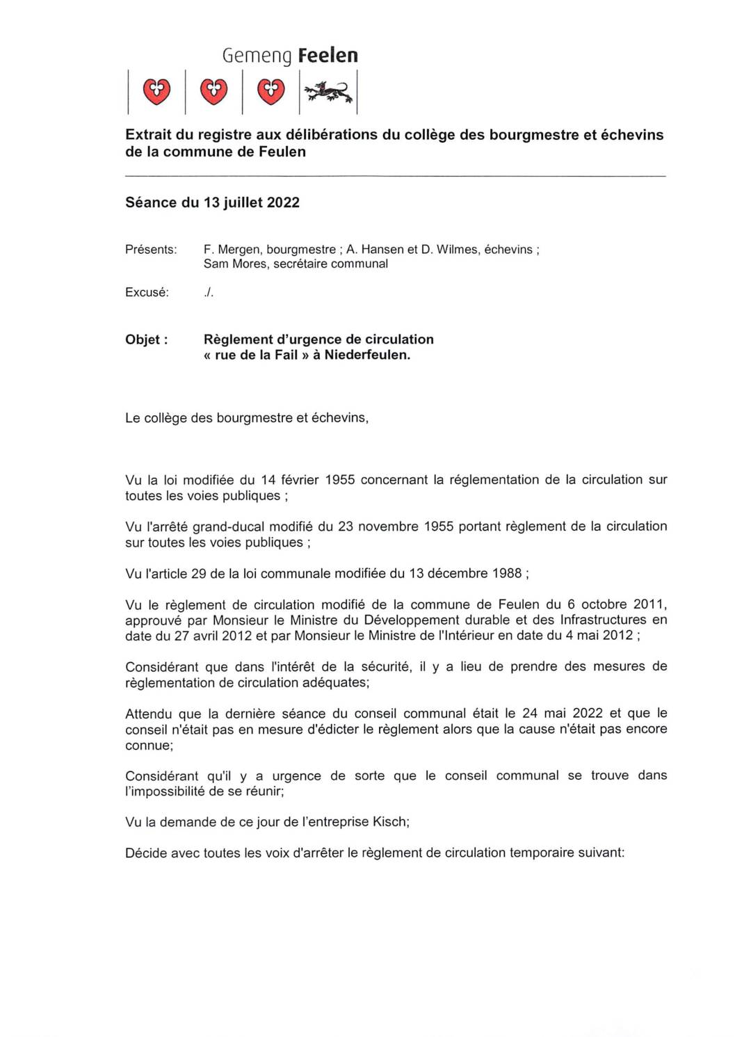 Règlement de circulation rue de la Fail à NF 18.07.2022