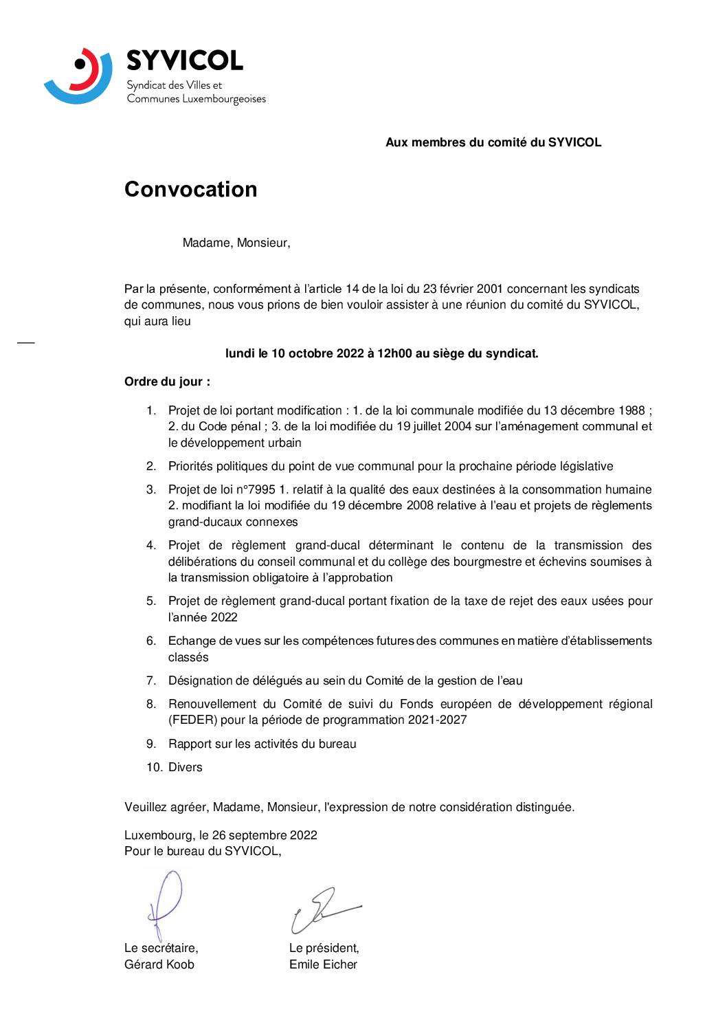 Convocation Comité Syvicol 10.10.2022