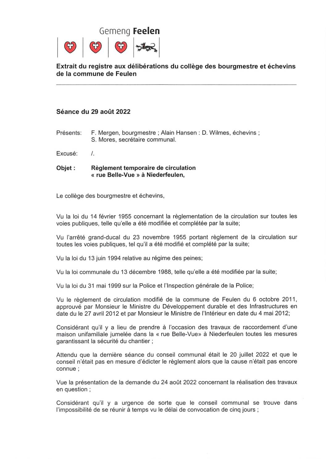 Règlement de circulation Rue Belle-Vue à NF 19.09.2022