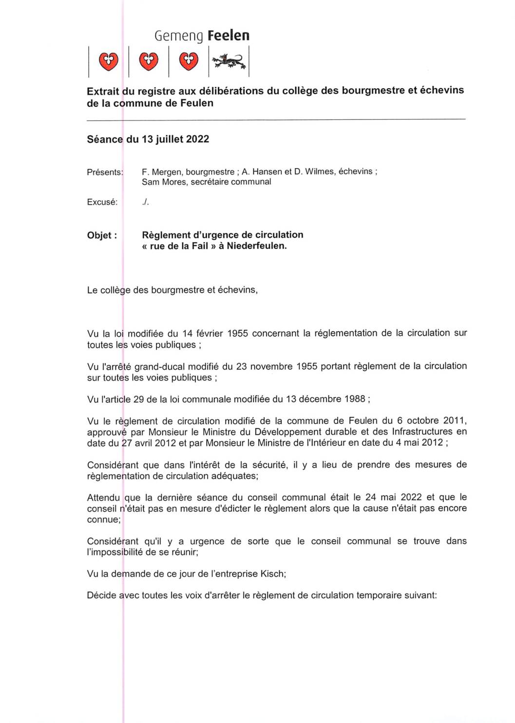 15.07.2022 Règlement d'urgence de circulation - rue de la Fail