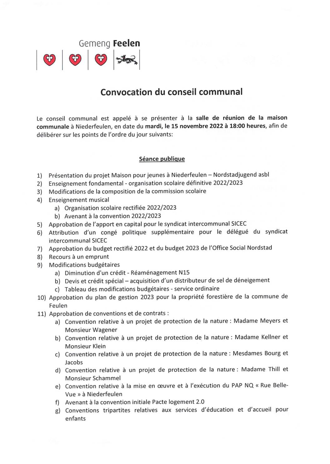 Convocation conseil communal séance du 15 novembre 2022