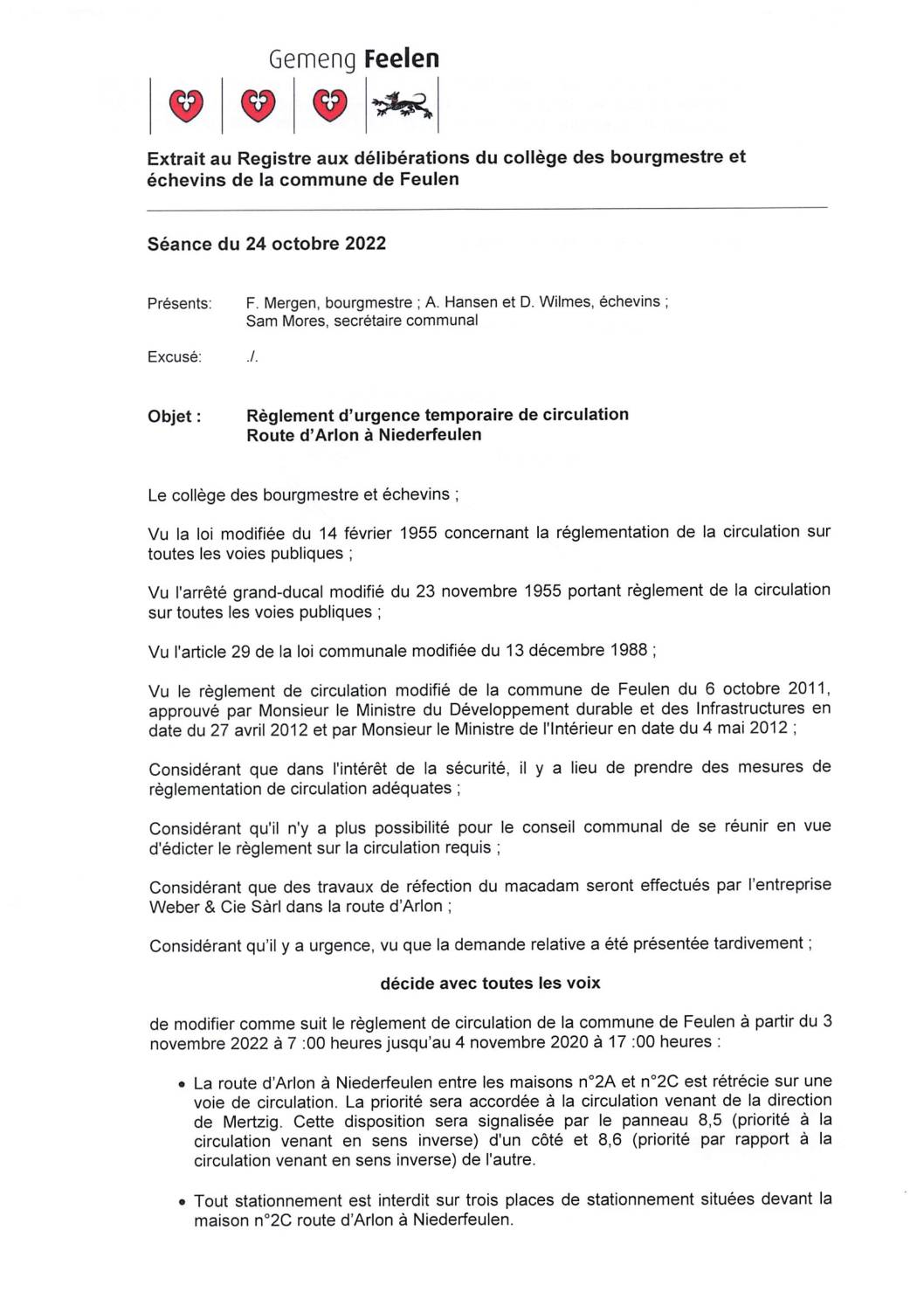 Règlement de circulation Route d'Arlon à NF 03.11.2022