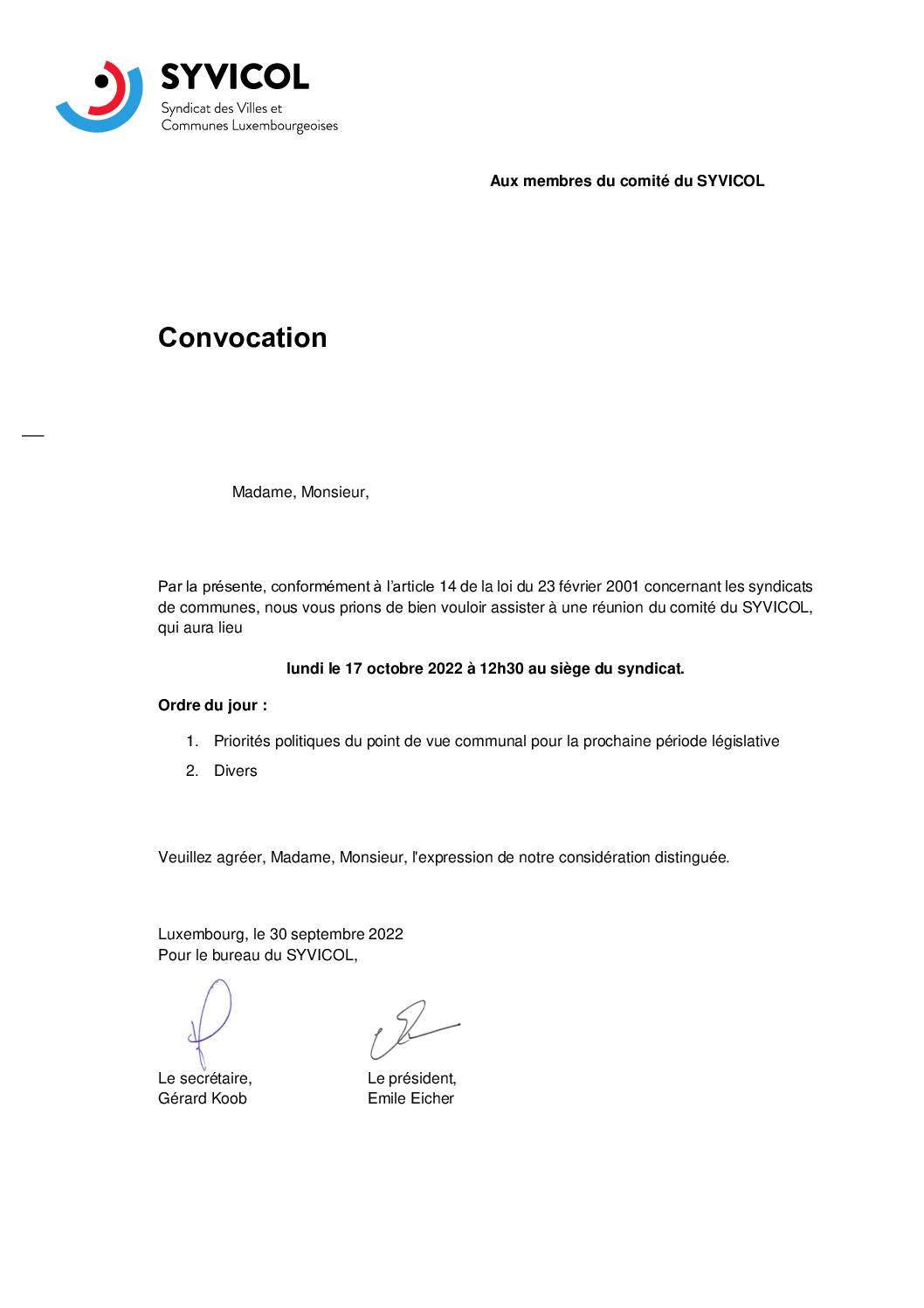 Syvicol - convocation séance du comité 17.10.2022