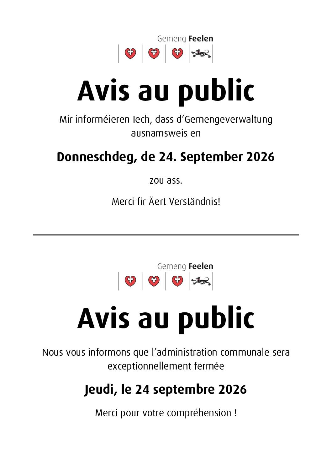 Avis au public - fermeture exceptionnelle