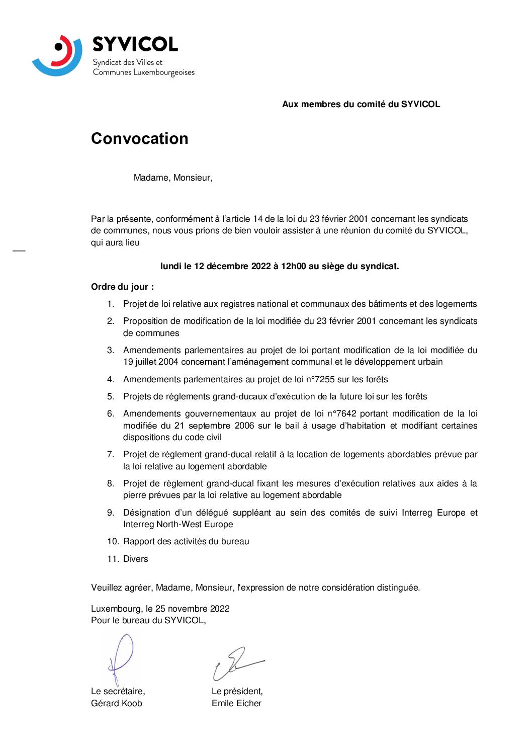 Convocation Comité Syvicol 12.12.2022