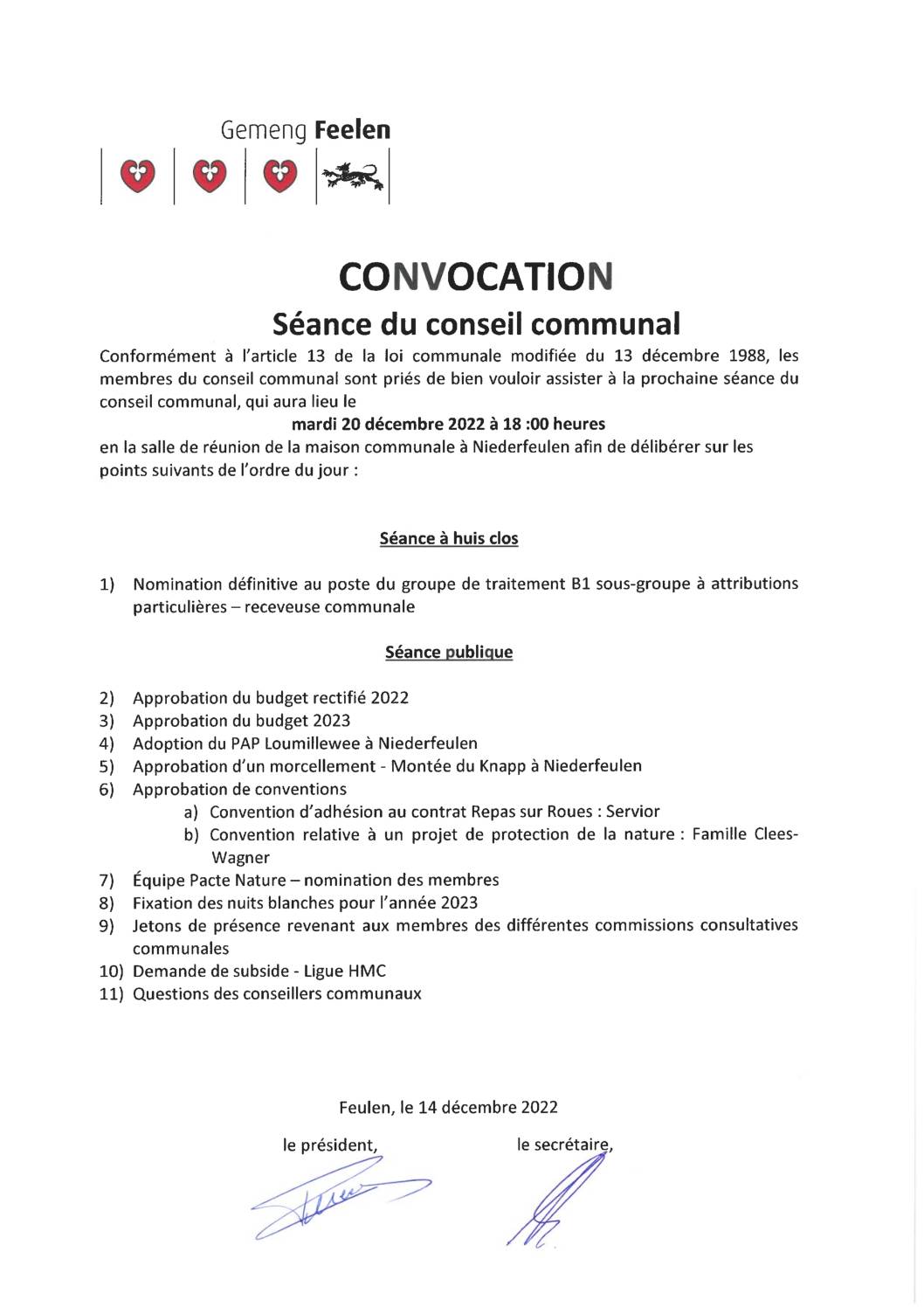 Convocation conseil communal séance du 20 décembre 2022