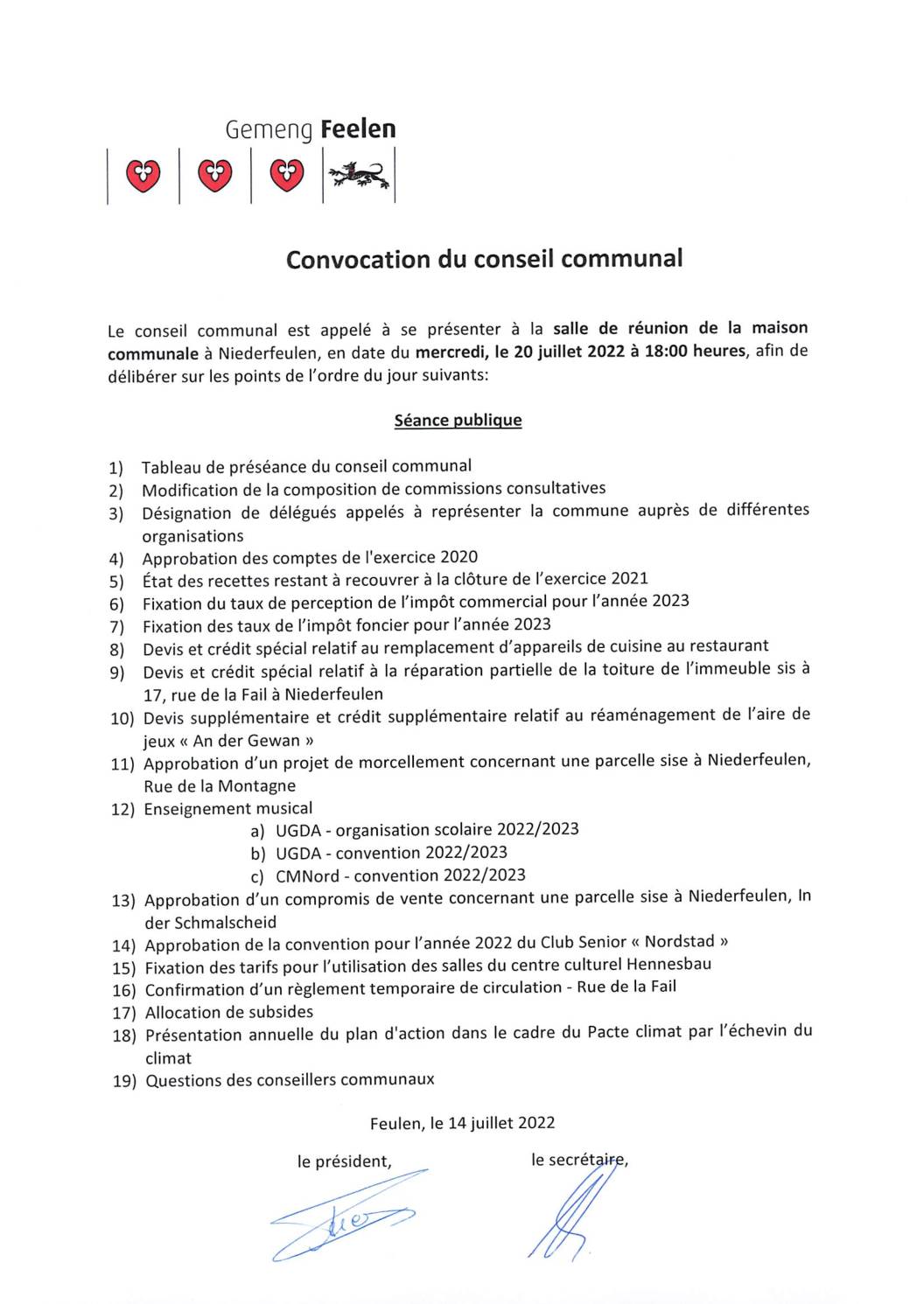 Ordre du jour séance du conseil communal du 20 juillet 2022