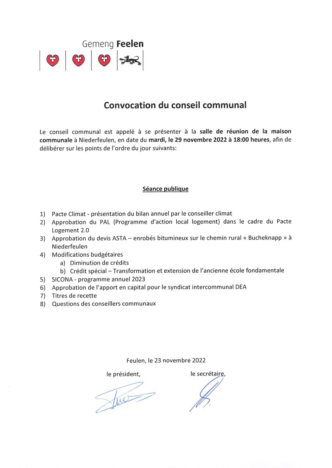 Convocation conseil communal séance du 29 novembre 2022