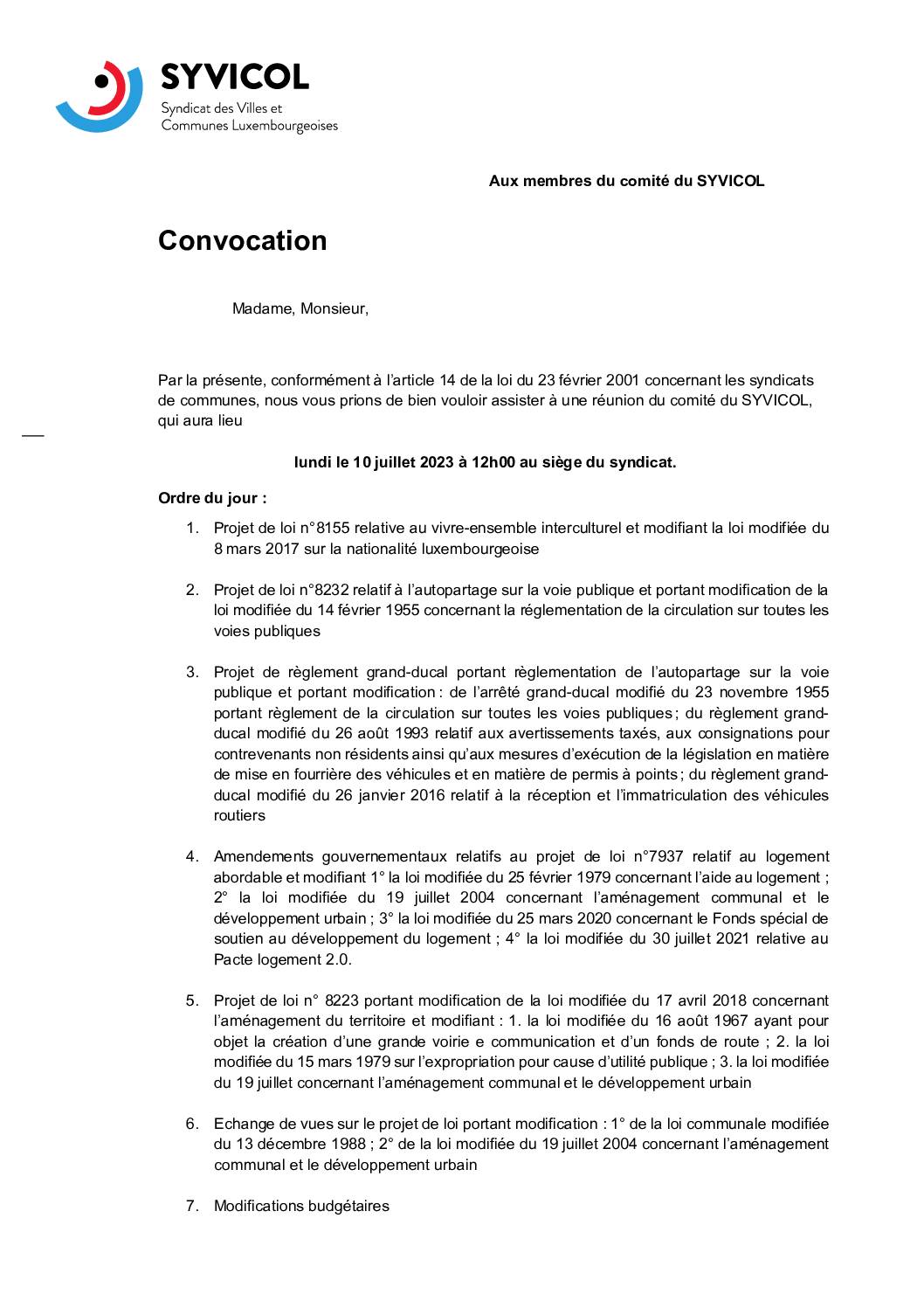 Convocation Comité Syvicol 10.07.2023