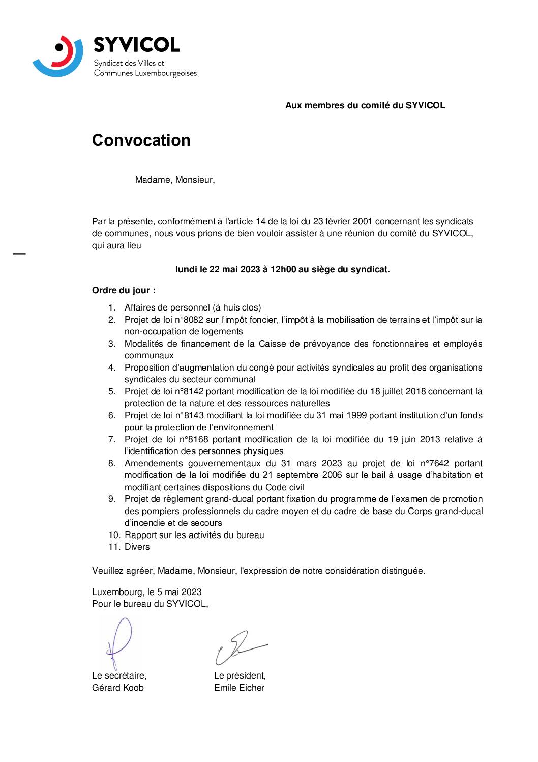 Convocation Comité Syvicol 22.05.2023