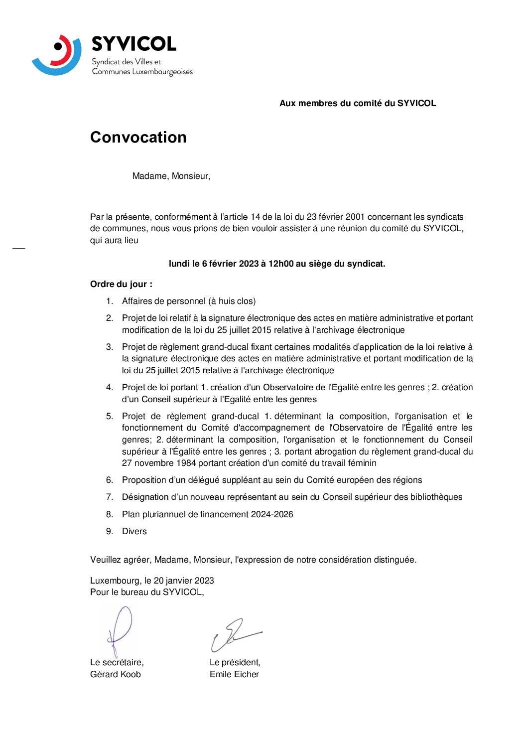 Convocation comité Syvicol 06.02.2023