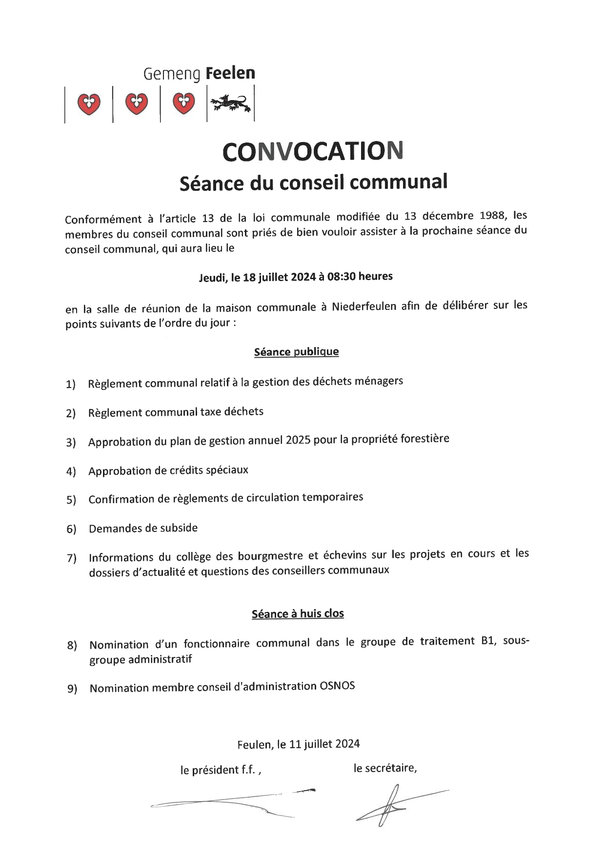 Convocation conseil communal 18.07.2024