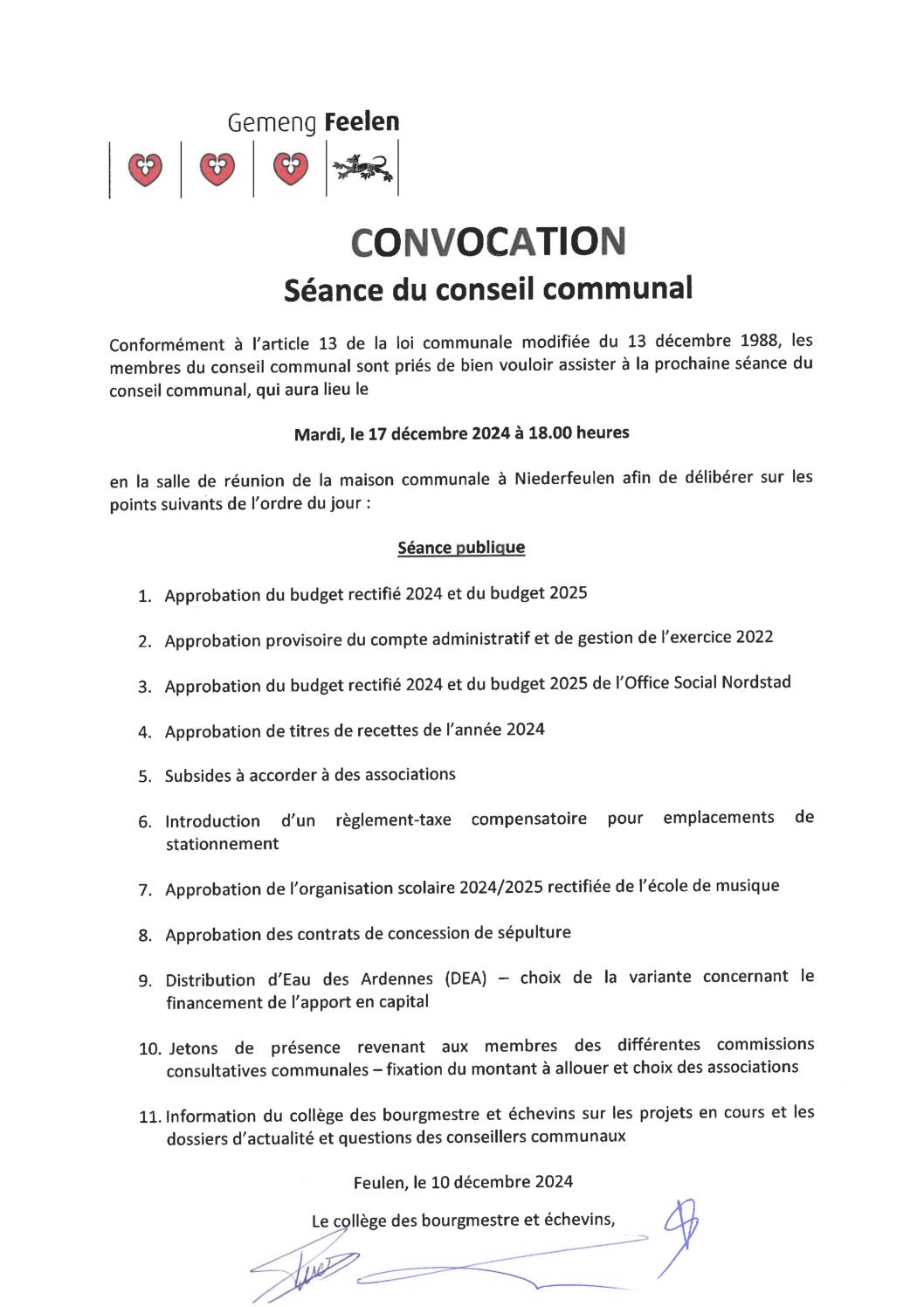 Convocation conseil communal 17.12.2024