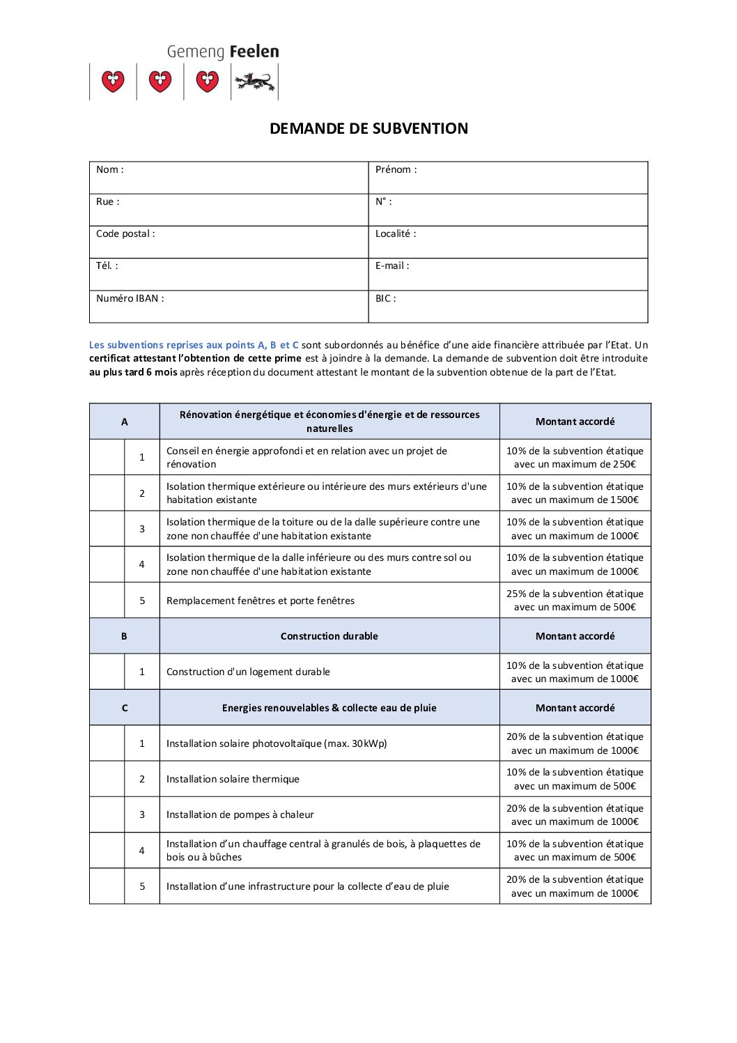 Formulaire demande de subvention