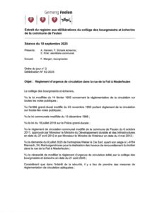 Règlement d'urgence de circulation - rue de la Fail à Niederfeulen