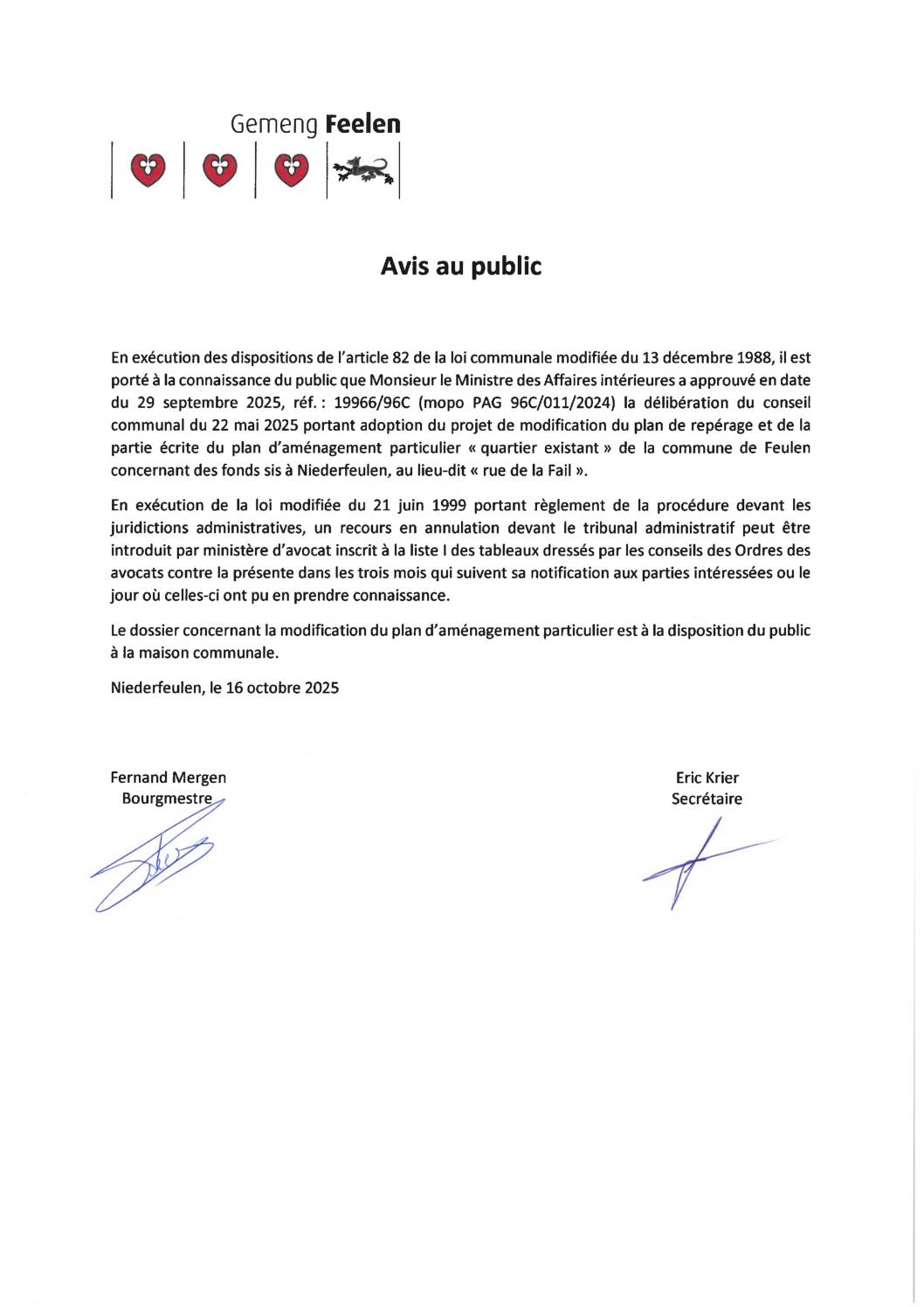 Avis – PAP Rue de la Fail