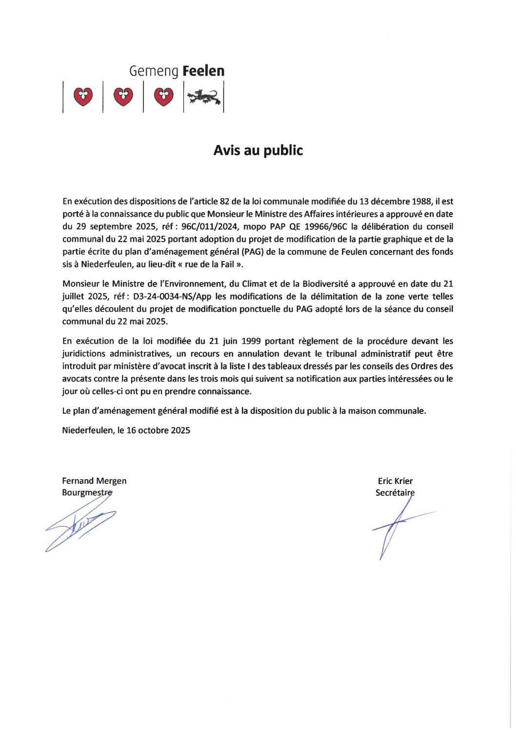 Avis – PAG Rue de la Fail