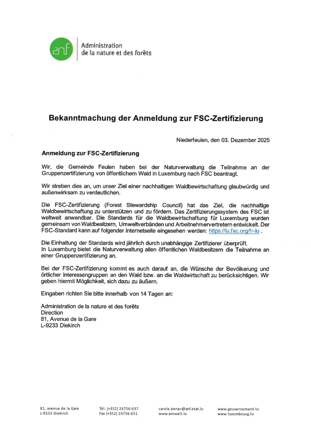 Annonce de la demande de certification FSC de la commune de Feulen