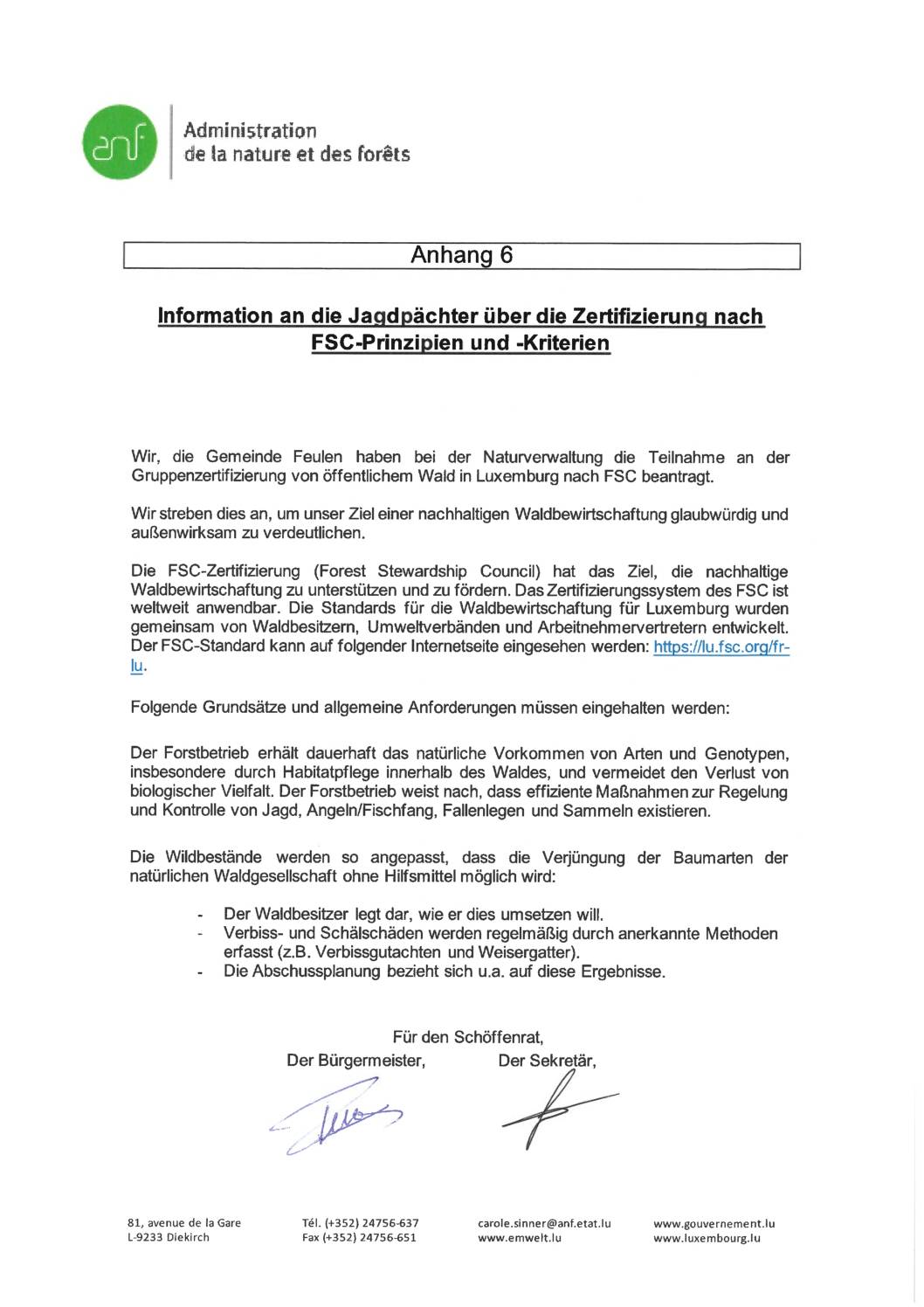 Avis au locataires de chasse concernant la demande de certification FSC de la commune