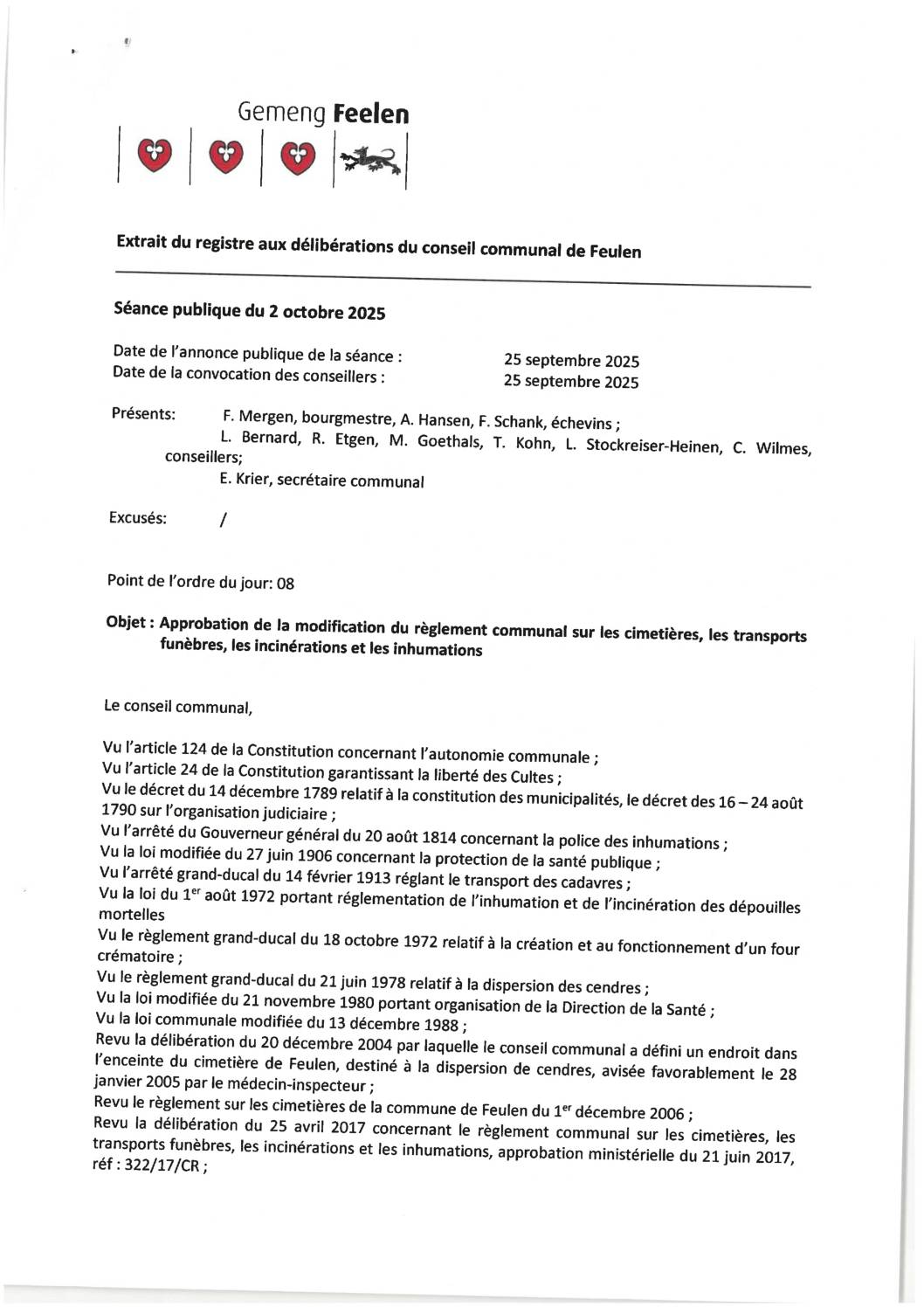 Modification du règlement sur les cimetières, les transports funèbres, les incinérations et les inhumations