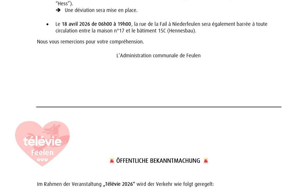 Route barrée en raison du Télévie