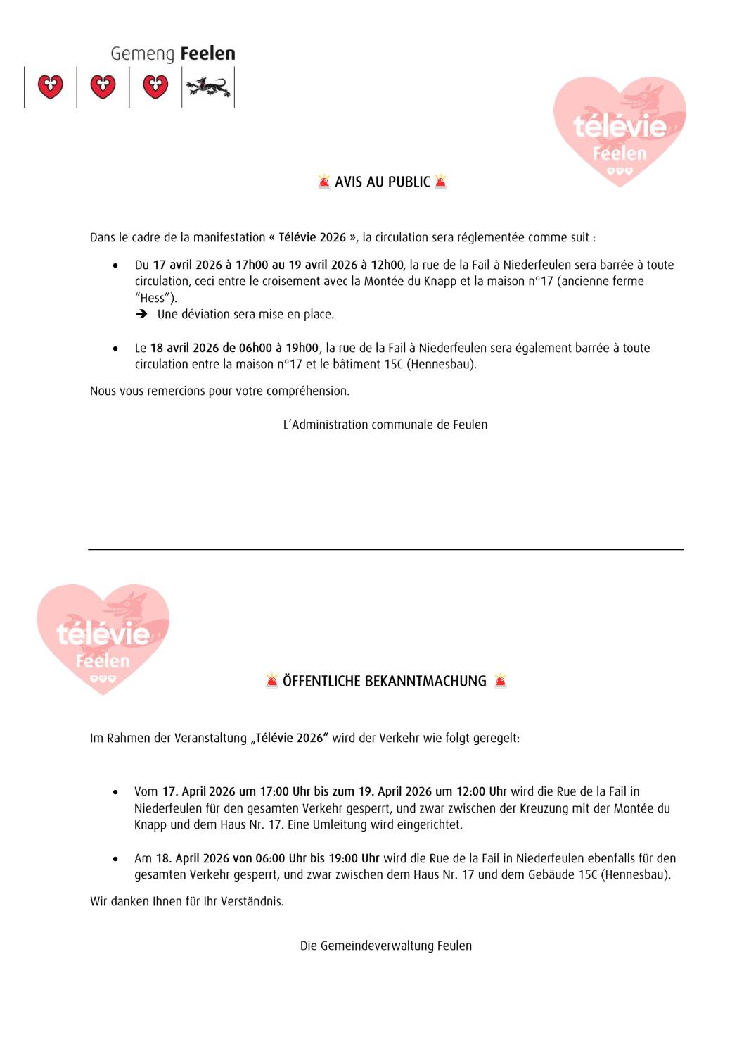 Route barrée en raison du Télévie