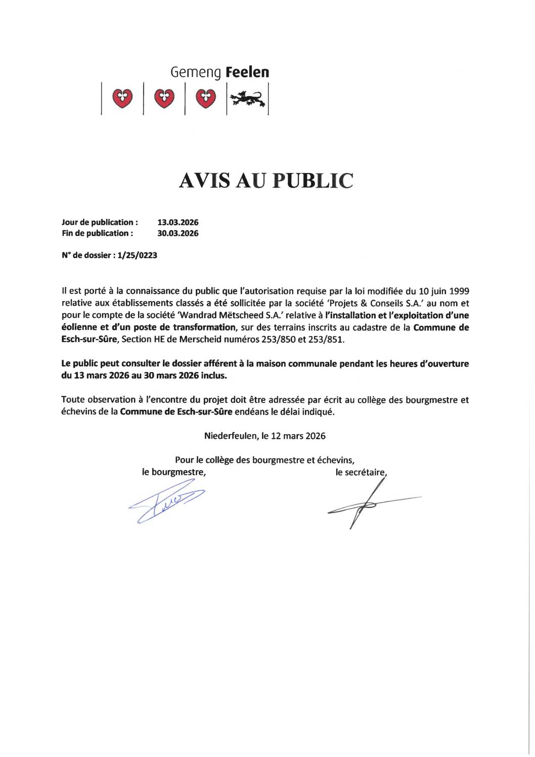 Avis au public – Demande d’autorisation pour l’installation et l’exploitation d’une éolienne et d’un poste de transformation à Merscheid