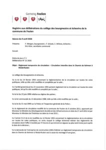 Règlement de circulation temporaire – Chemin de Kehmen à Niederfeulen