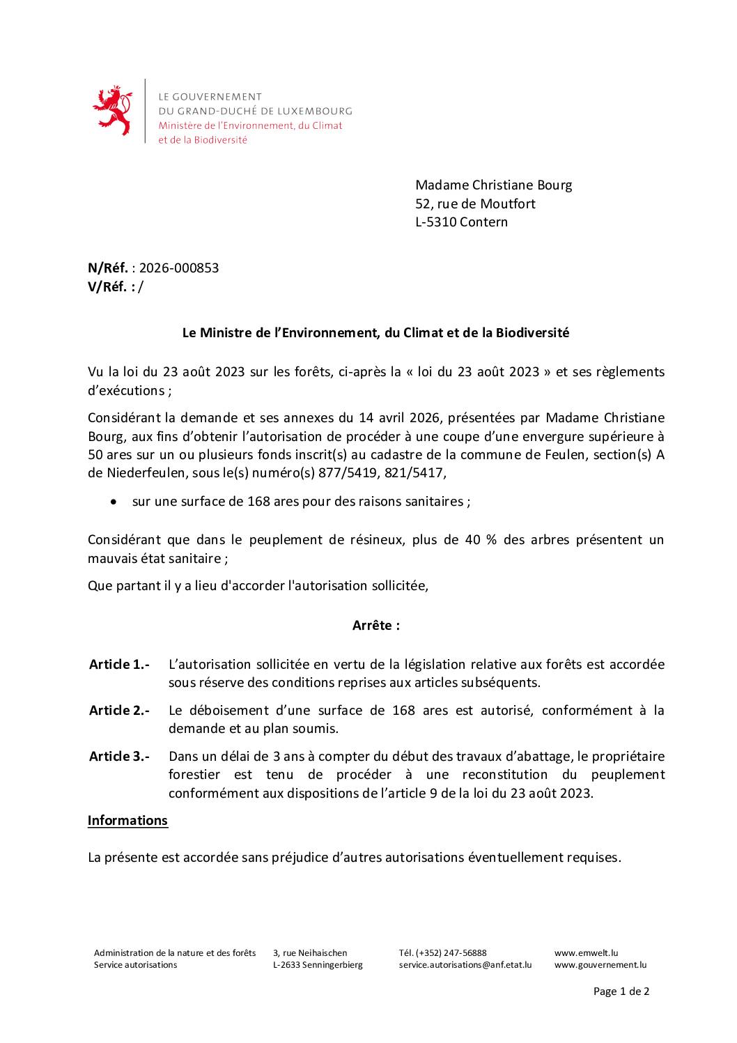 Autorisation Environnement – Décision concernant le dossier 2026-000853