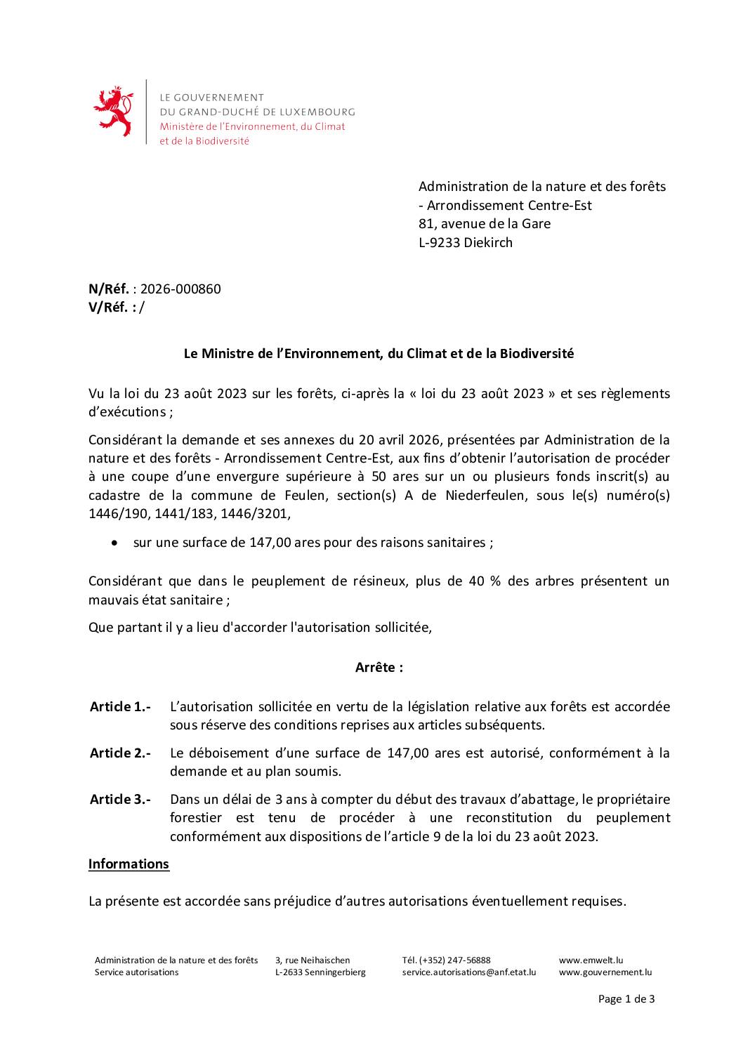 Autorisation Environnement – Décision concernant le dossier 2026-000860