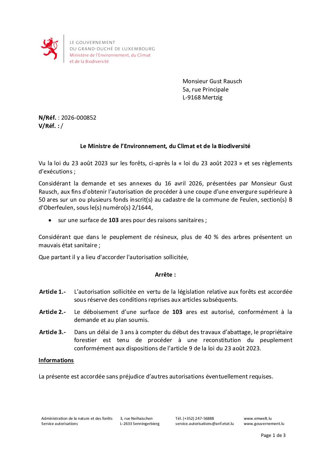 Décision concernant le dossier 2026-000852