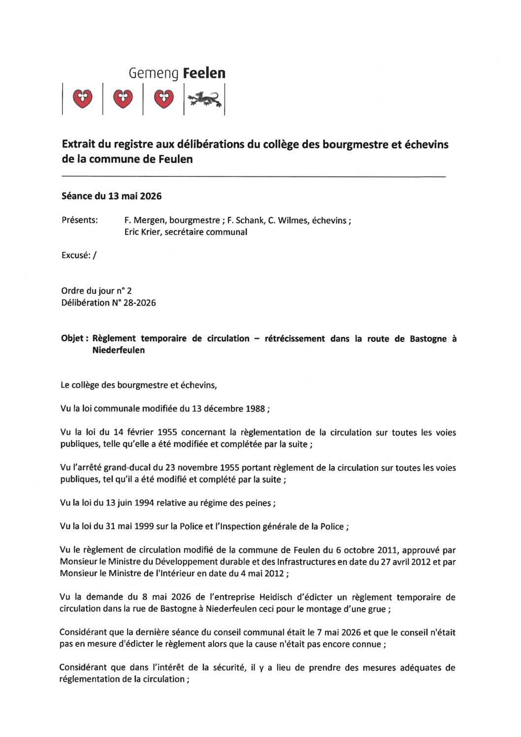 Règlement temporaire de circulation – rétrécissement de la voirie dans la Route de Bastogne à Niederfeulen