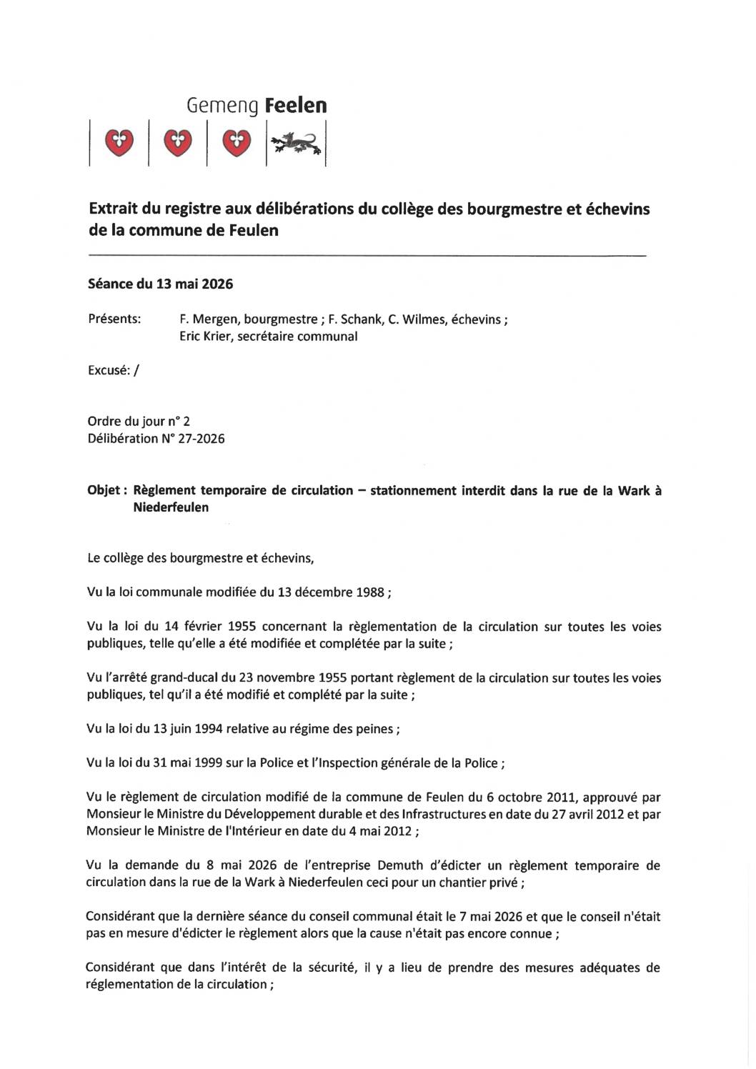 Règlement temporaire de circulation – stationnement interdit dans la Rue de la Wark à Niederfeulen