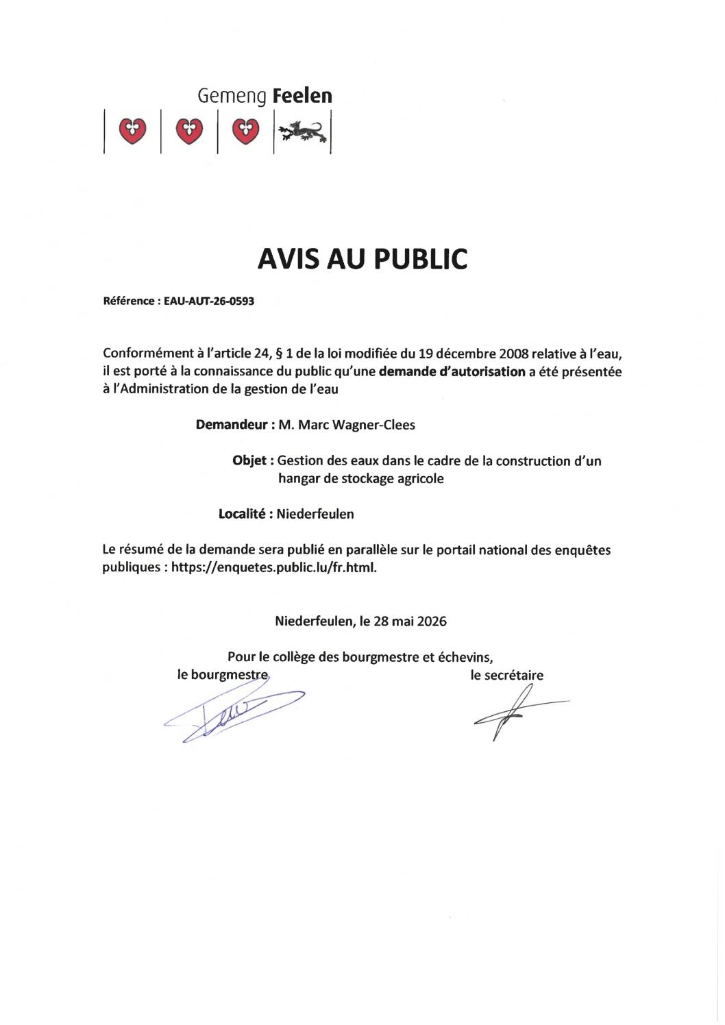 Demande d’autorisation concernant la gestion des eaux dans le cadre de la construction d’un hangar de stockage agricole – EAU-AUT-26-0593