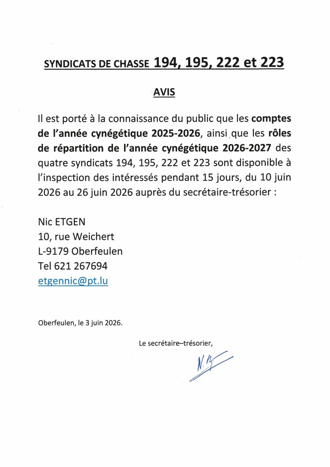 Publication des comptes et rôles des syndicats 194, 195, 222 et 223
