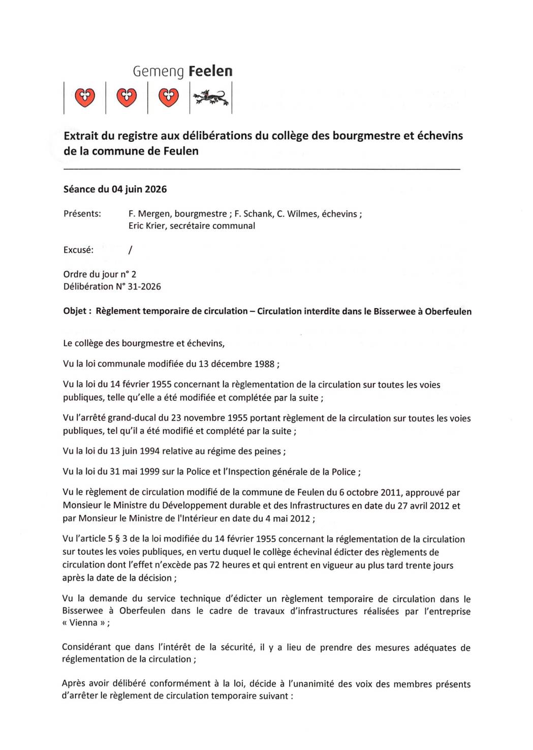 Règlement temporaire de circulation – Bisserwee