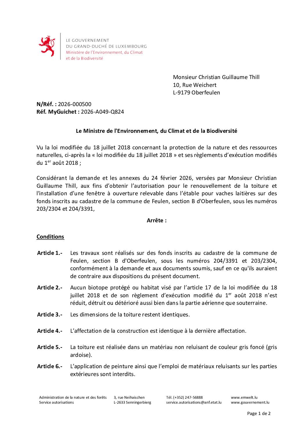 Autorisation Environnement – Décision concernant le dossier 2026-000500