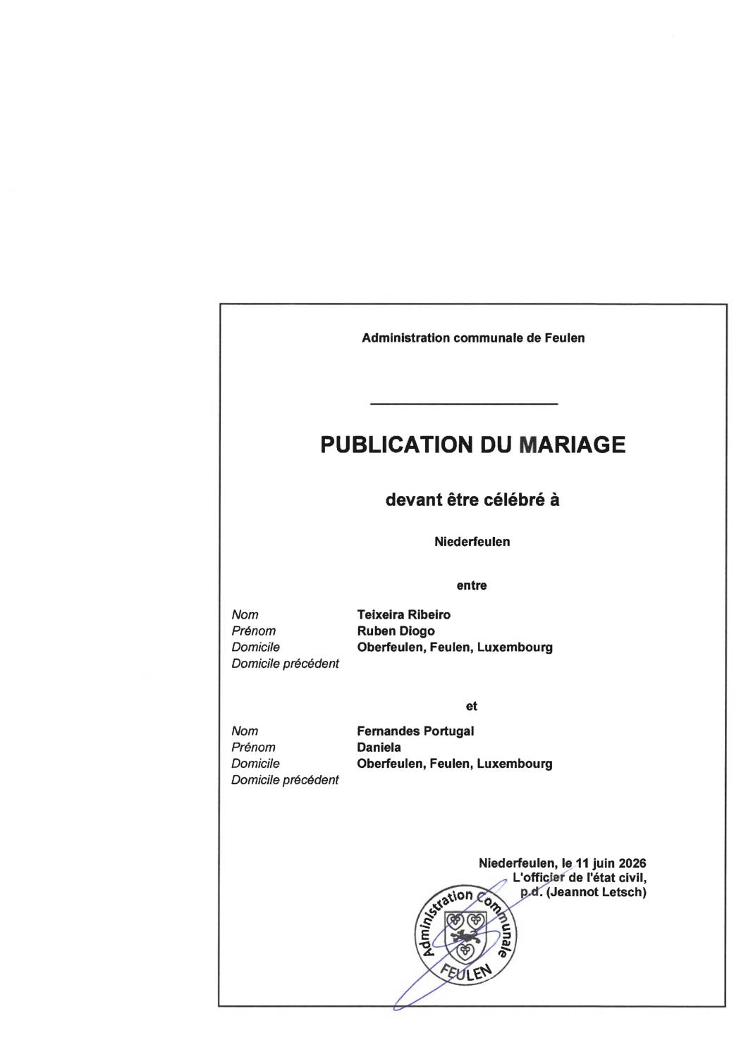 Publication du Mariage Teixeira Ribeiro – Fernandes Portugal