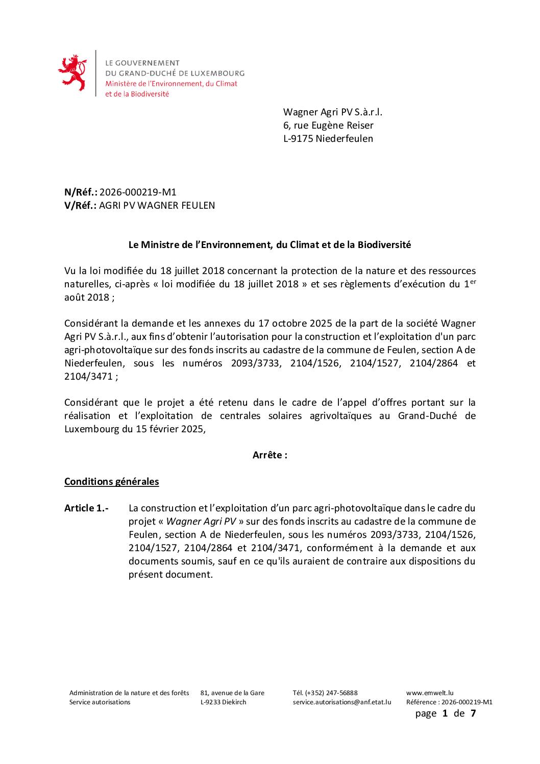 Autorisation environnement – Décision concernant le dossier 2026-000219-M1
