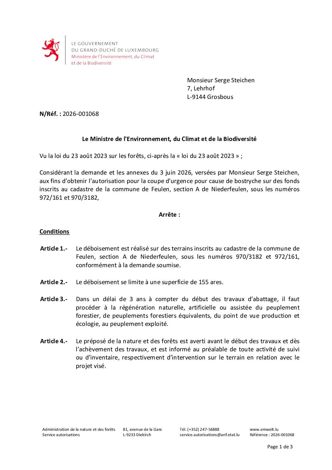 Autorisation environnement – Décision concernant le dossier 2026-001068